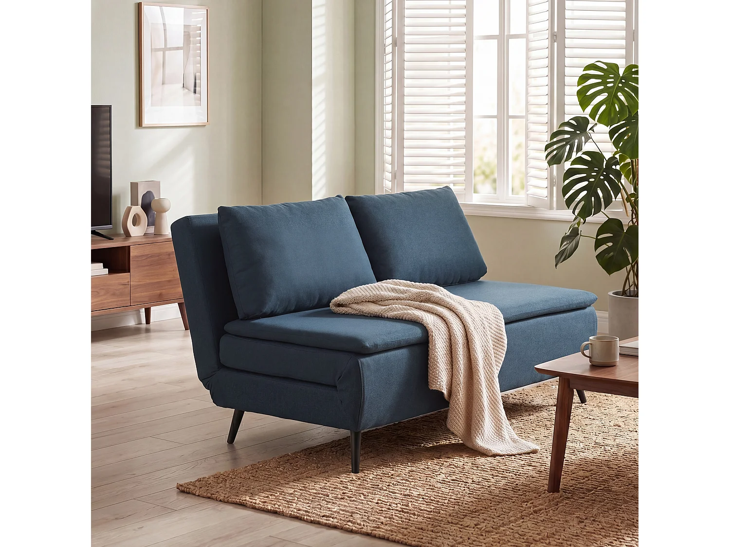 Canapé convertible 2 places inclinable tissu bleu foncé
