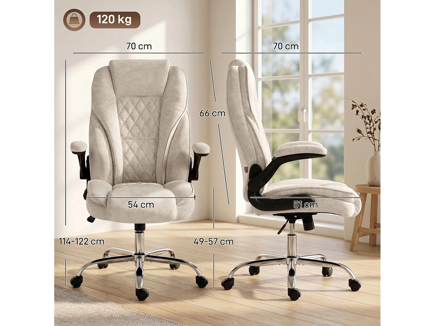 Fauteuil de bureau style Chesterfield réglable accoudoirs rabattables velours beige