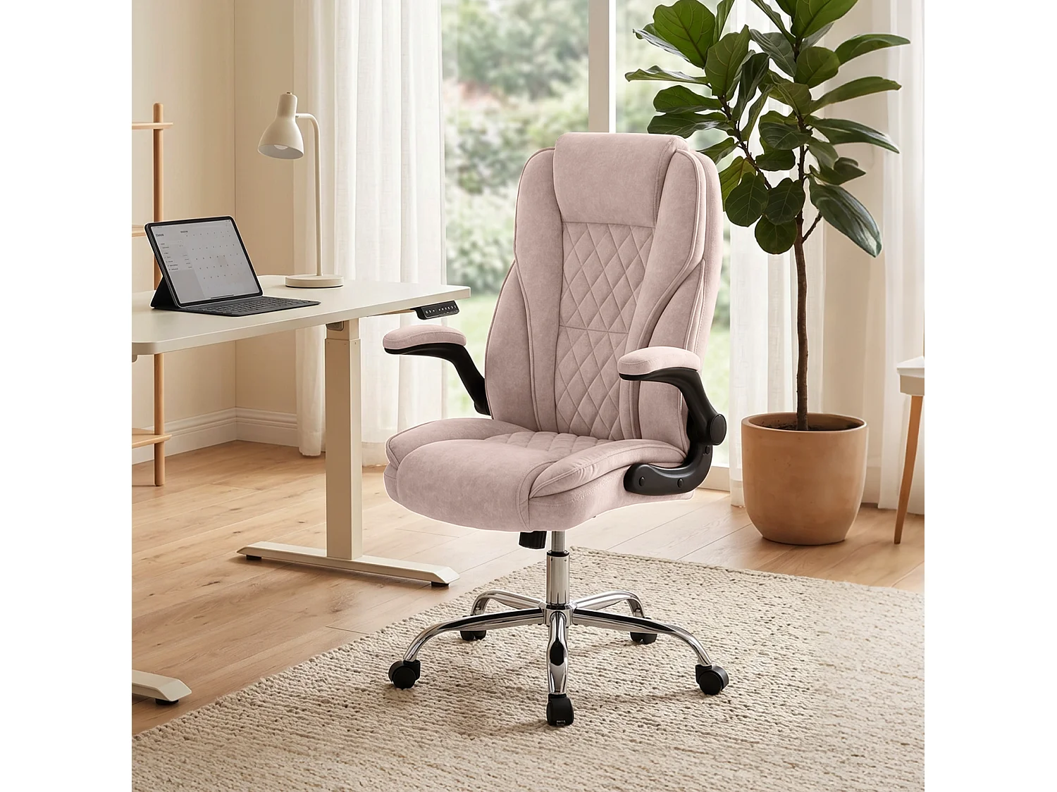 Fauteuil de bureau style Chesterfield réglable accoudoirs rabattables velours rose