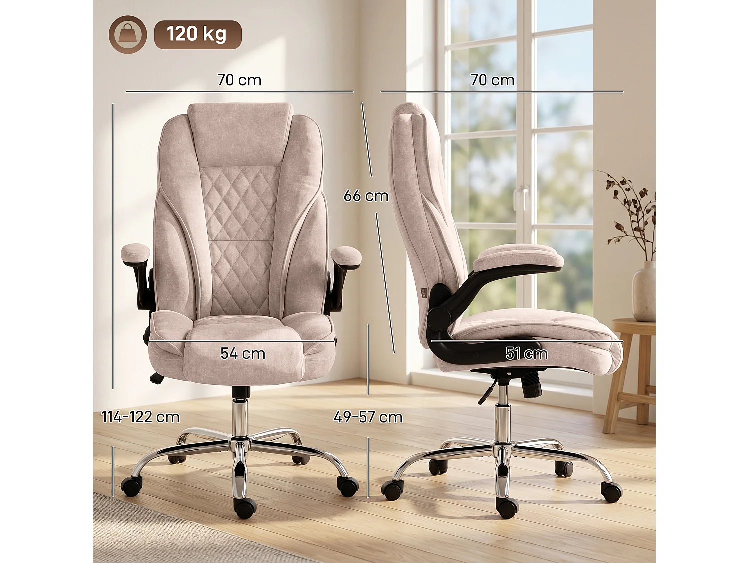 Fauteuil de bureau style Chesterfield réglable accoudoirs rabattables velours rose