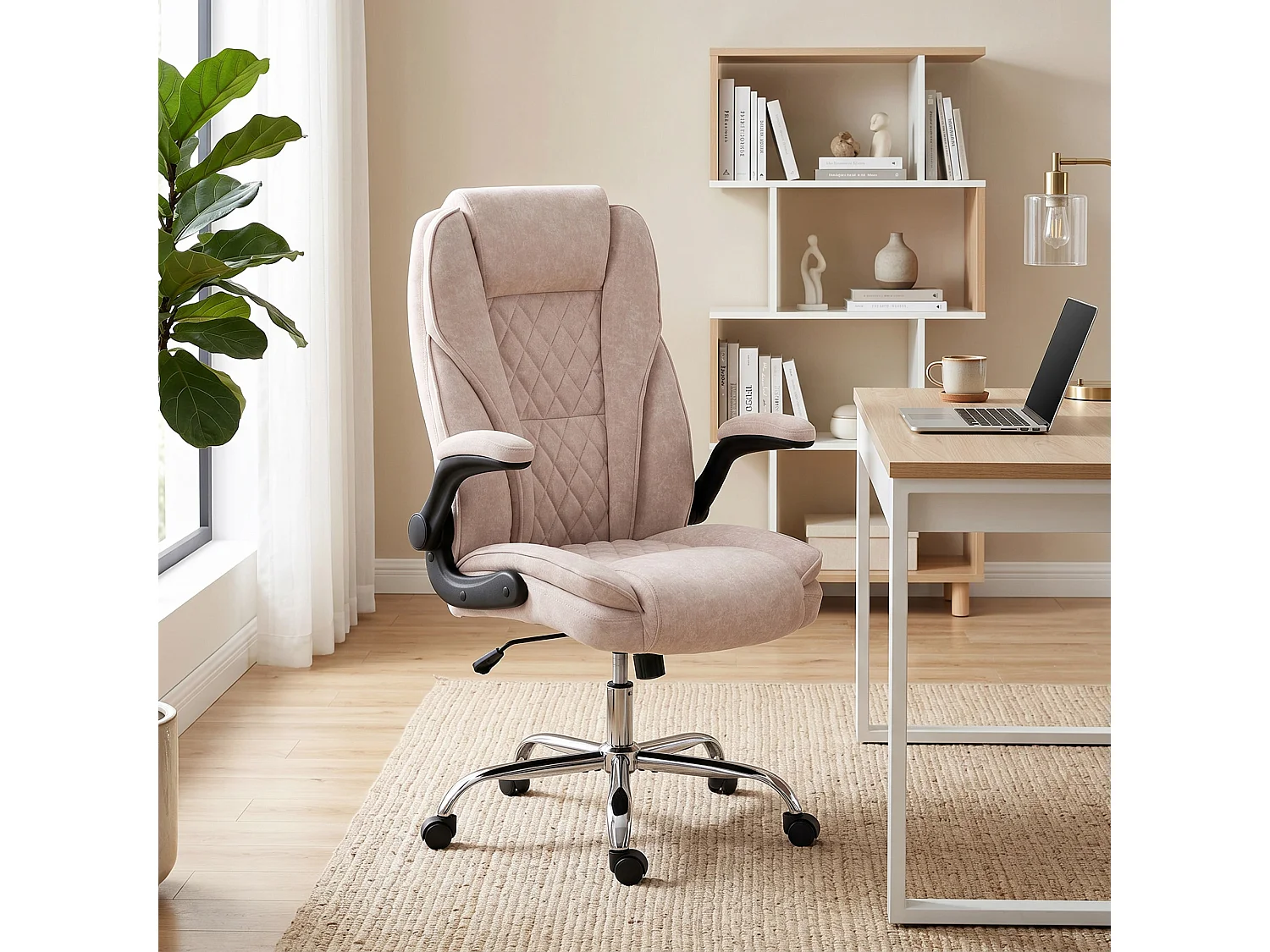 Fauteuil de bureau style Chesterfield réglable accoudoirs rabattables velours rose