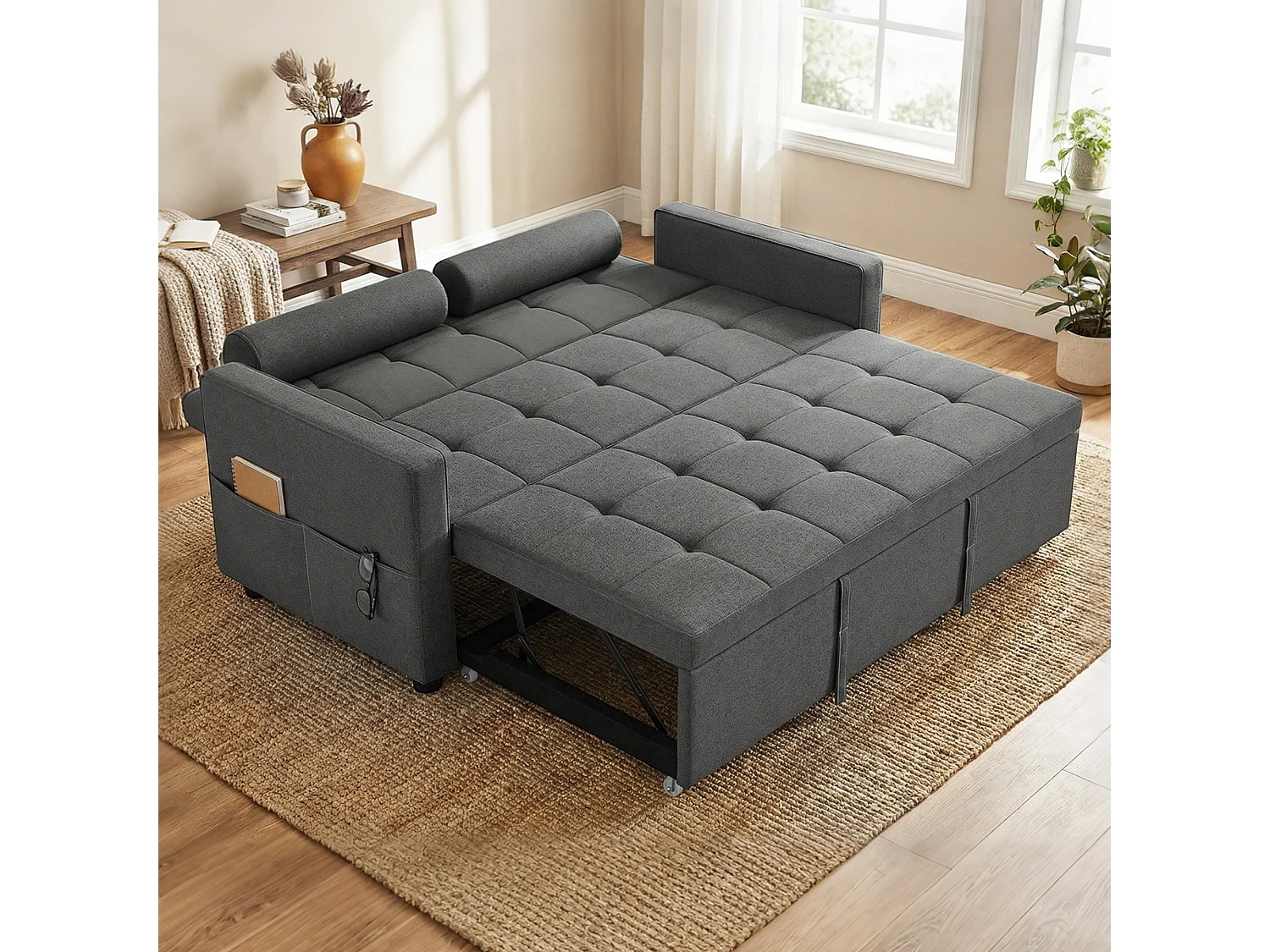 Canapé convertible 2 places style Chersterfield effet capitonné 2 coussins inclus tissu anthracite