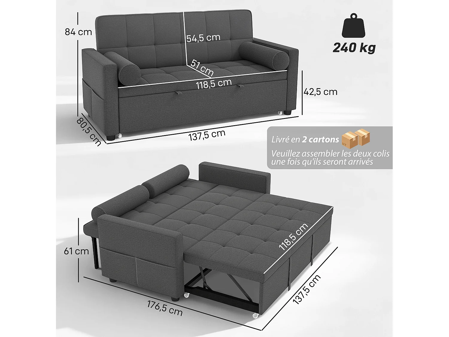 Canapé convertible 2 places style Chersterfield effet capitonné 2 coussins inclus tissu anthracite