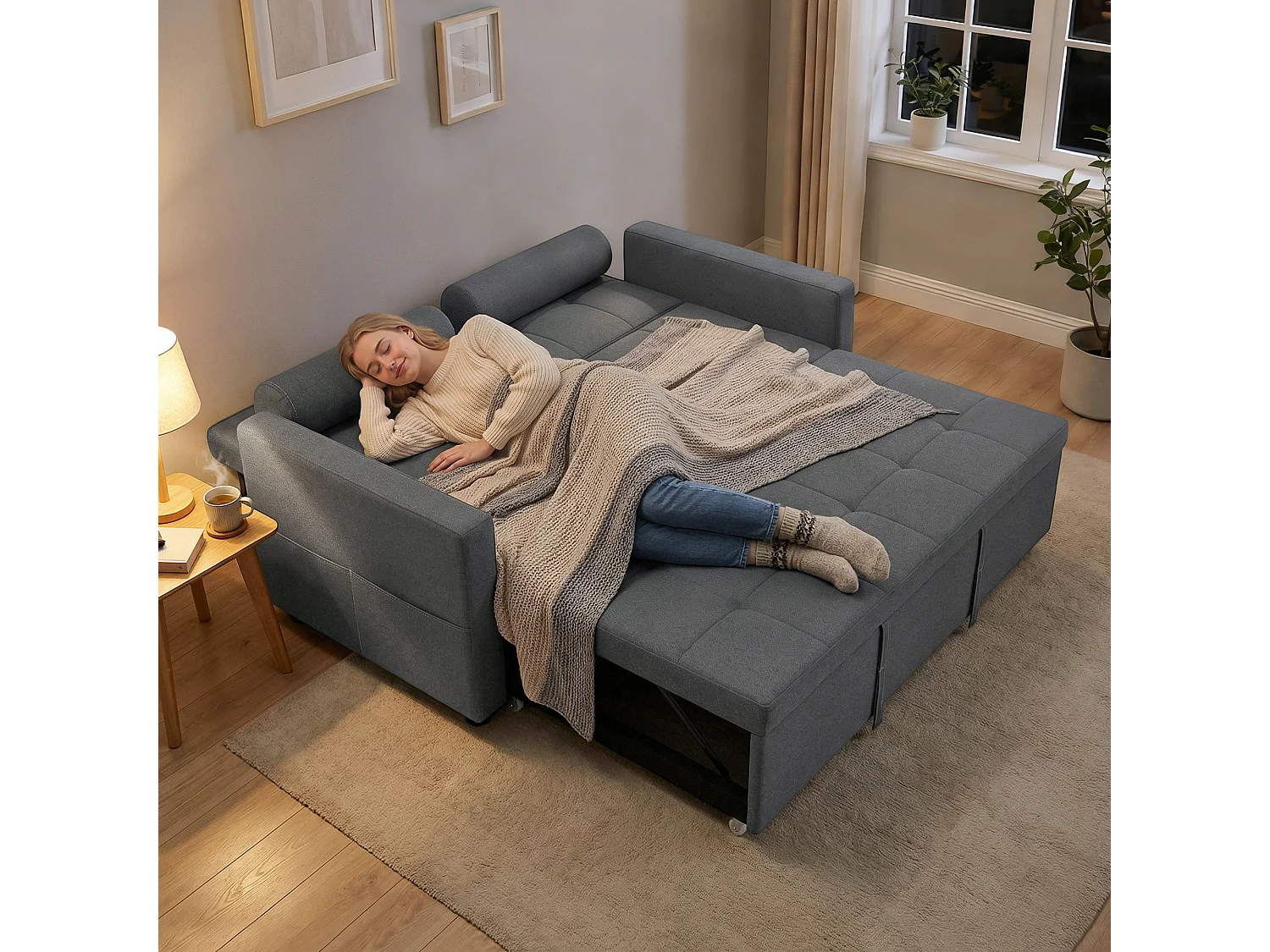 Canapé convertible 2 places style Chersterfield effet capitonné 2 coussins inclus tissu anthracite