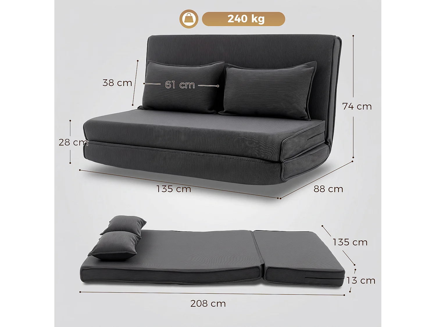 Chauffeuse 2 places convertible velours côtelé 2 coussins anthracite