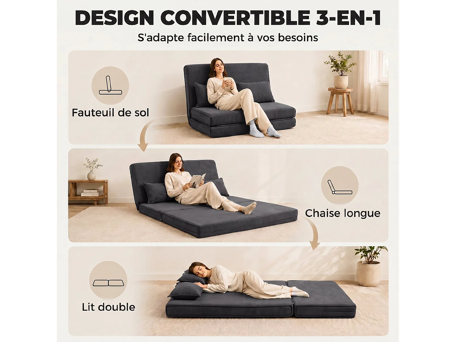 Chauffeuse 2 places convertible velours côtelé 2 coussins anthracite