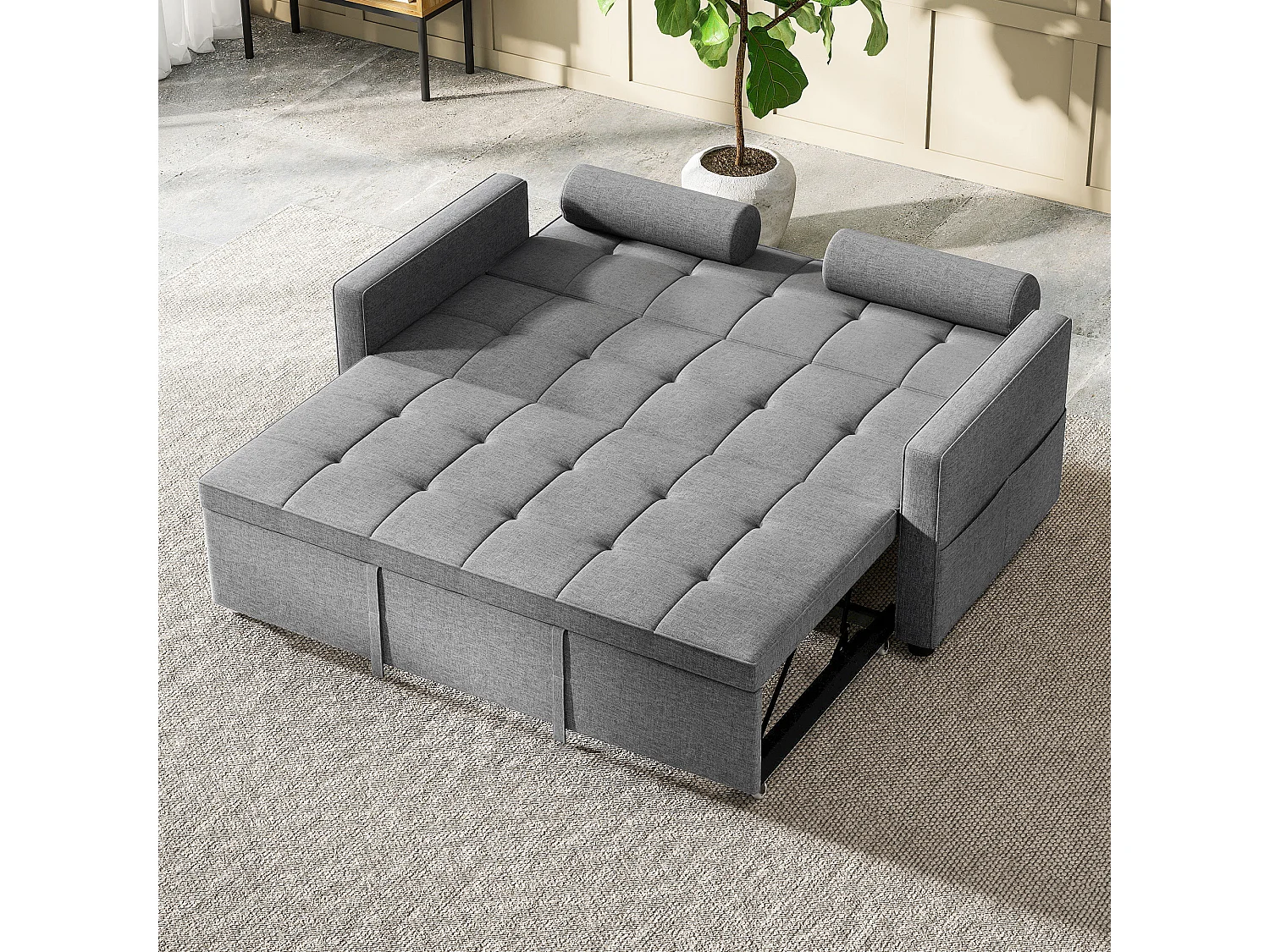 Canapé convertible 2 places style Chersterfield effet capitonné 2 coussins inclus tissu gris chiné