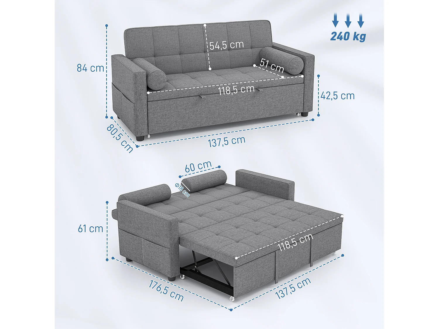Canapé convertible 2 places style Chersterfield effet capitonné 2 coussins inclus tissu gris chiné