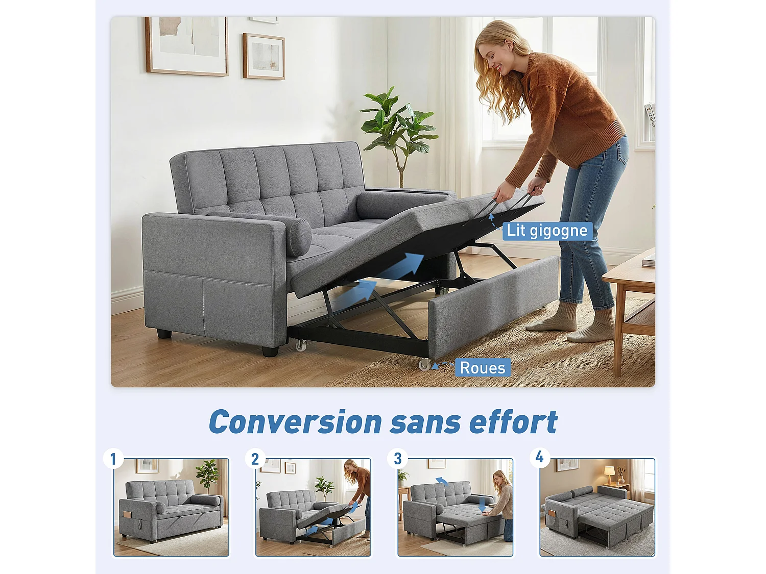 Canapé convertible 2 places style Chersterfield effet capitonné 2 coussins inclus tissu gris chiné