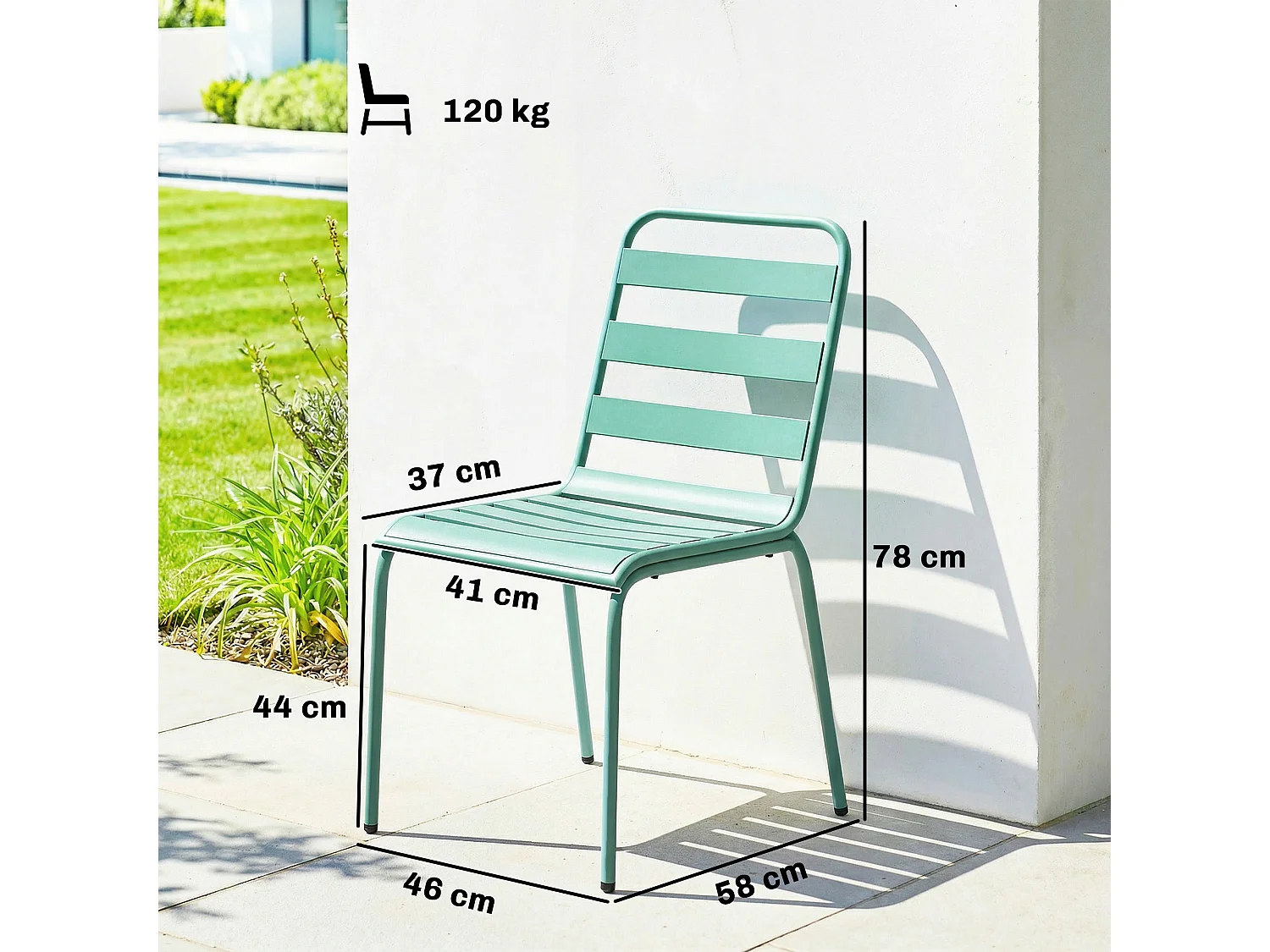 Lot de 2 chaises de jardin style industriel métal empilables bleu-vert
