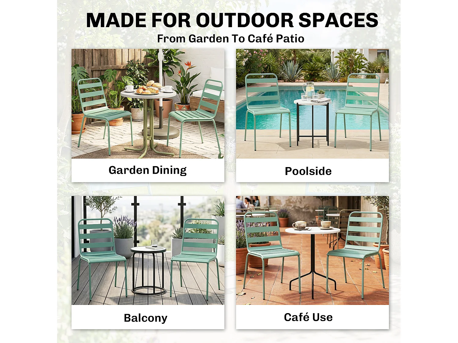 Lot de 2 chaises de jardin style industriel métal empilables bleu-vert