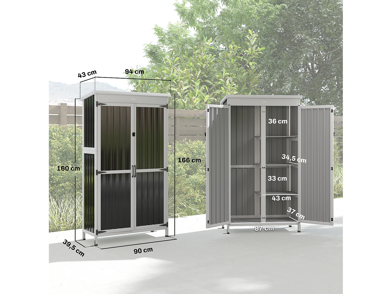 Armoire de jardin sur pieds 3 étagères bois tôle acier ondulé noir blanc