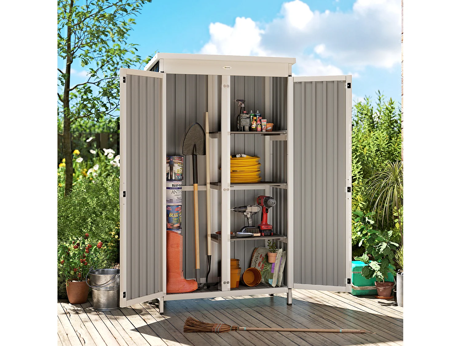Armoire de jardin sur pieds 3 étagères bois tôle acier ondulé noir blanc