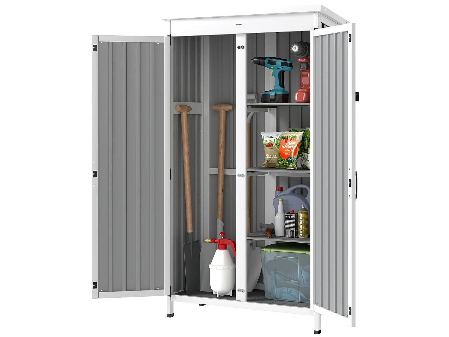 Armoire de jardin sur pieds 3 étagères bois tôle acier ondulé noir blanc