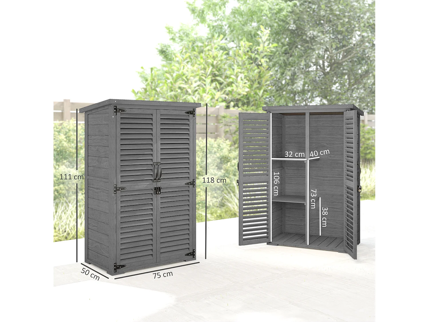 Armoire de jardin  2 portes persiennes 2 étagères toit bitumé bois gris