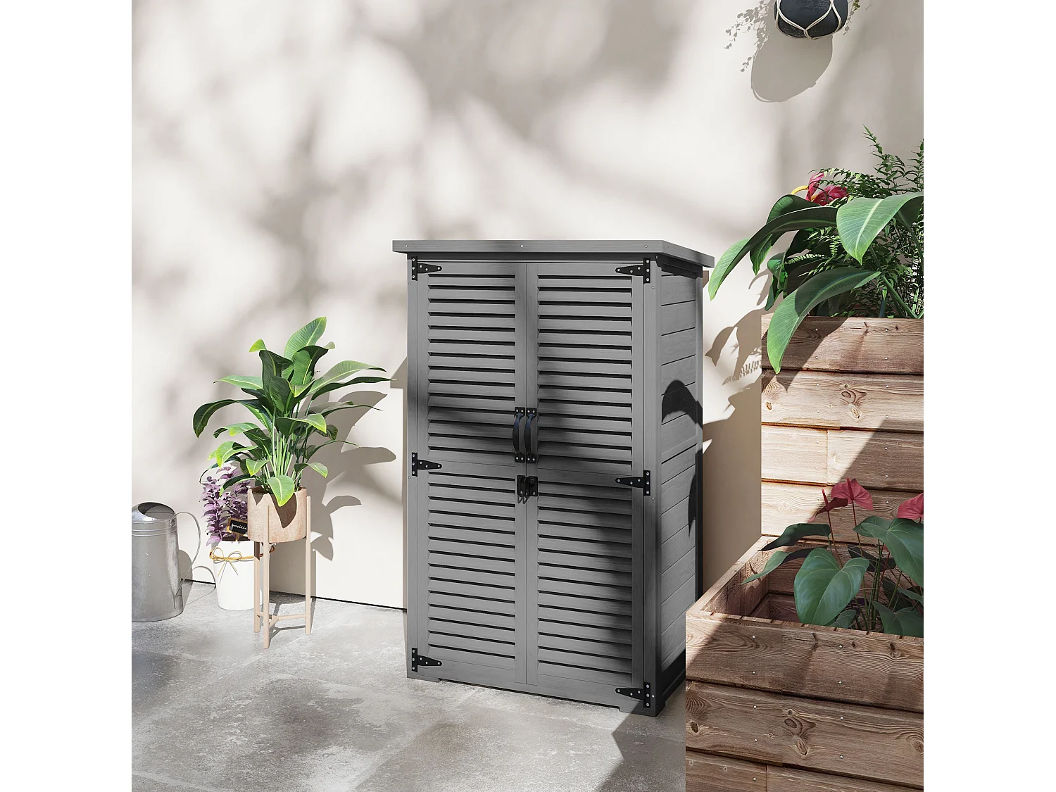 Armoire de jardin  2 portes persiennes 2 étagères toit bitumé bois gris