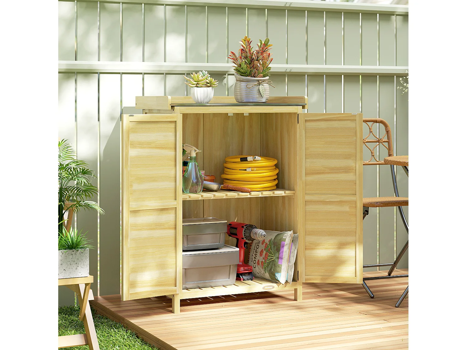 Armoire de jardin bois 2 portes étagère espace rempotage acier galvanisé