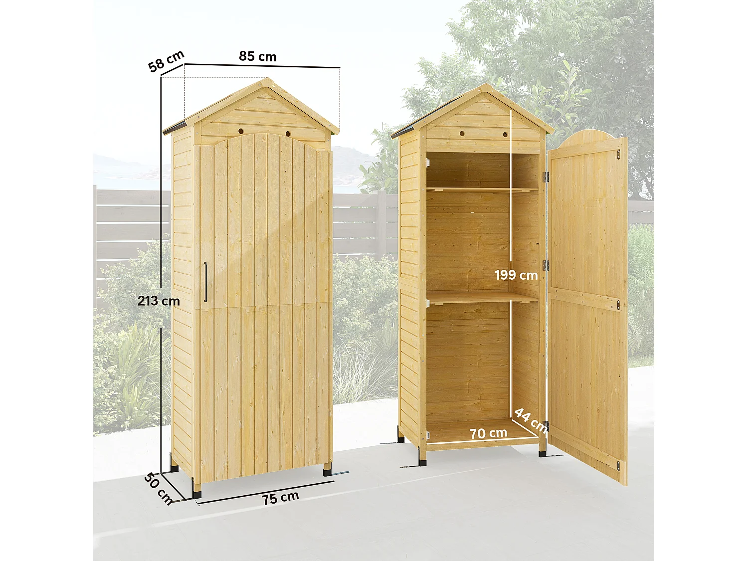Armoire de jardin bois sur pieds H.213cm 2 étagères toit double pente métal