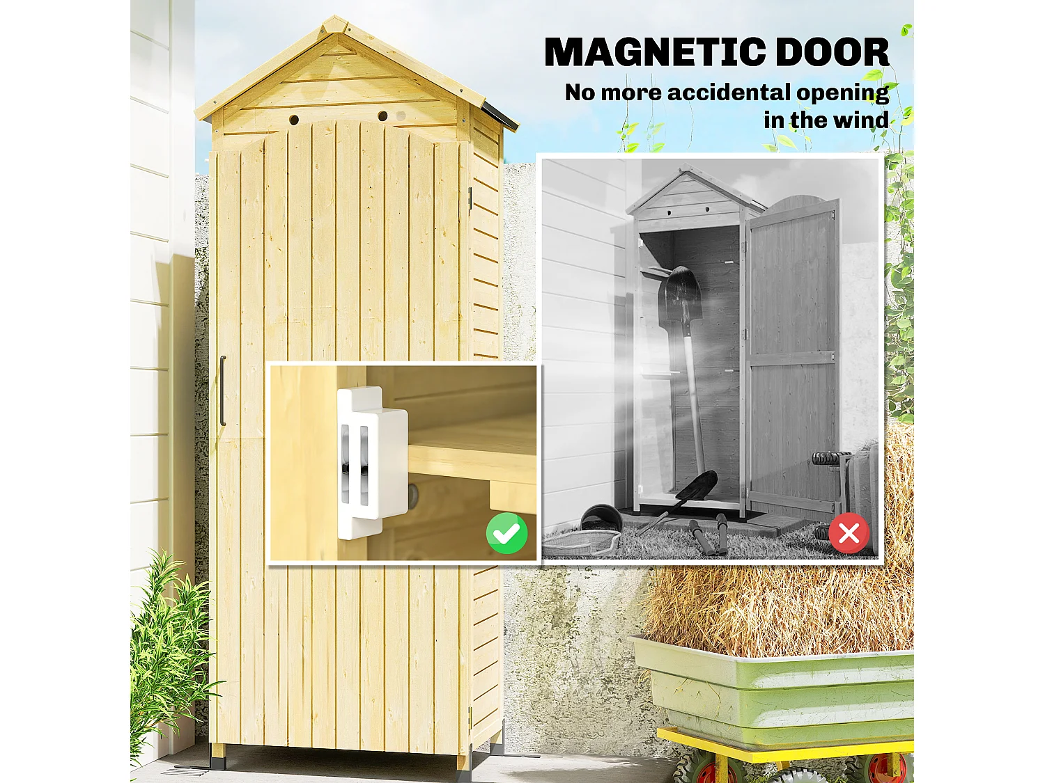 Armoire de jardin bois sur pieds H.213cm 2 étagères toit double pente métal
