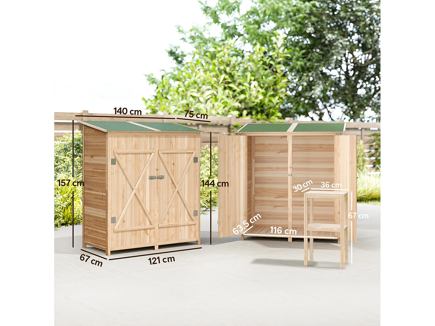 Armoire de jardin bois 2 portes 2 étagères toit bitumé 140 x 75 x 157 cm