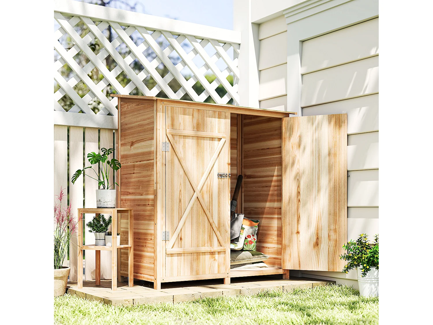 Armoire de jardin bois 2 portes 2 étagères toit bitumé 140 x 75 x 157 cm
