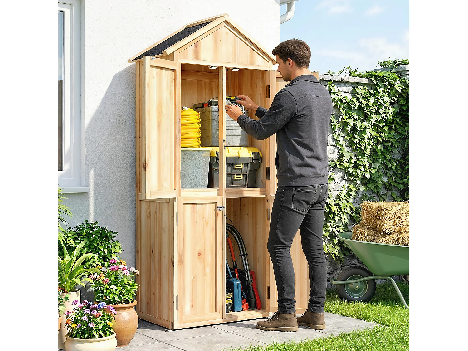 Armoire de jardin bois 4 portes 4 niv. rangement toit double pente bitumé