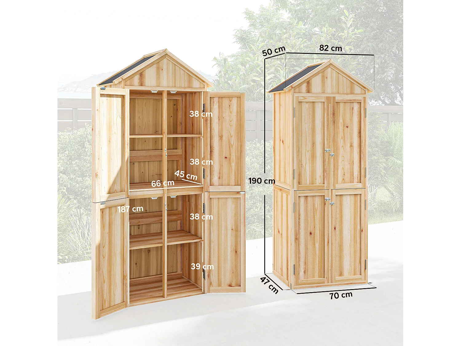 Armoire de jardin bois 4 portes 4 niv. rangement toit double pente bitumé