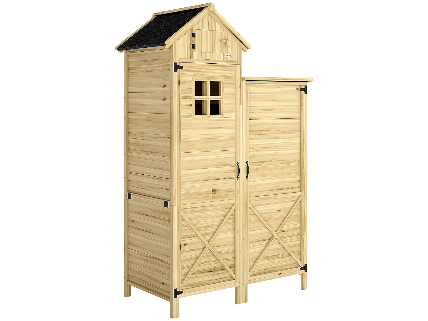 Armoire de jardin en bois 2 + 1 portes 2 étagères fenêtre toit bitumé noir