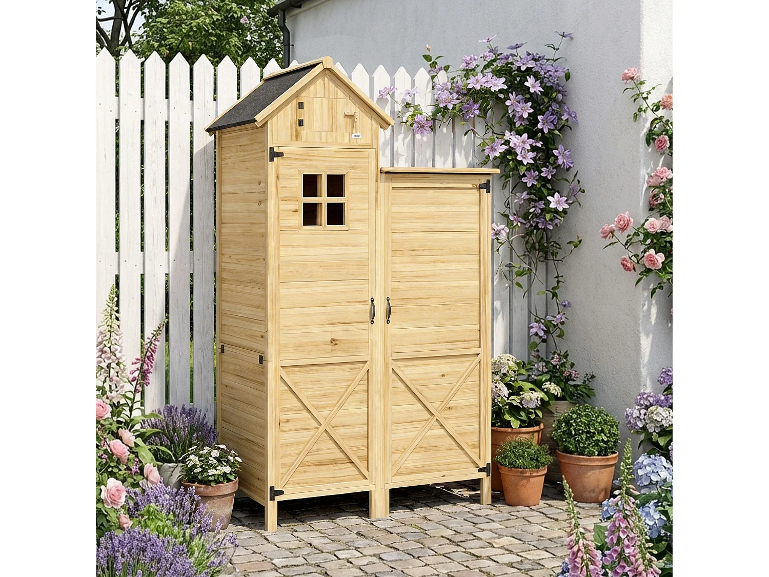 Armoire de jardin en bois 2 + 1 portes 2 étagères fenêtre toit bitumé noir