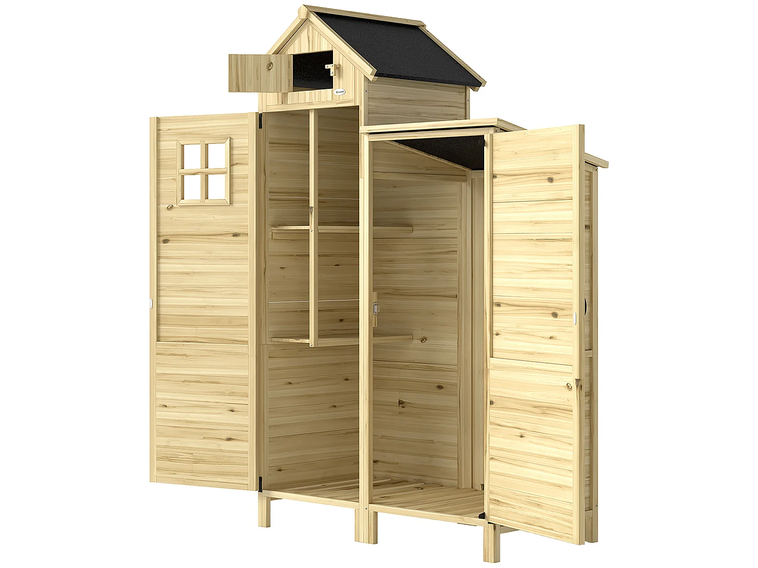Armoire de jardin en bois 2 + 1 portes 2 étagères fenêtre toit bitumé noir