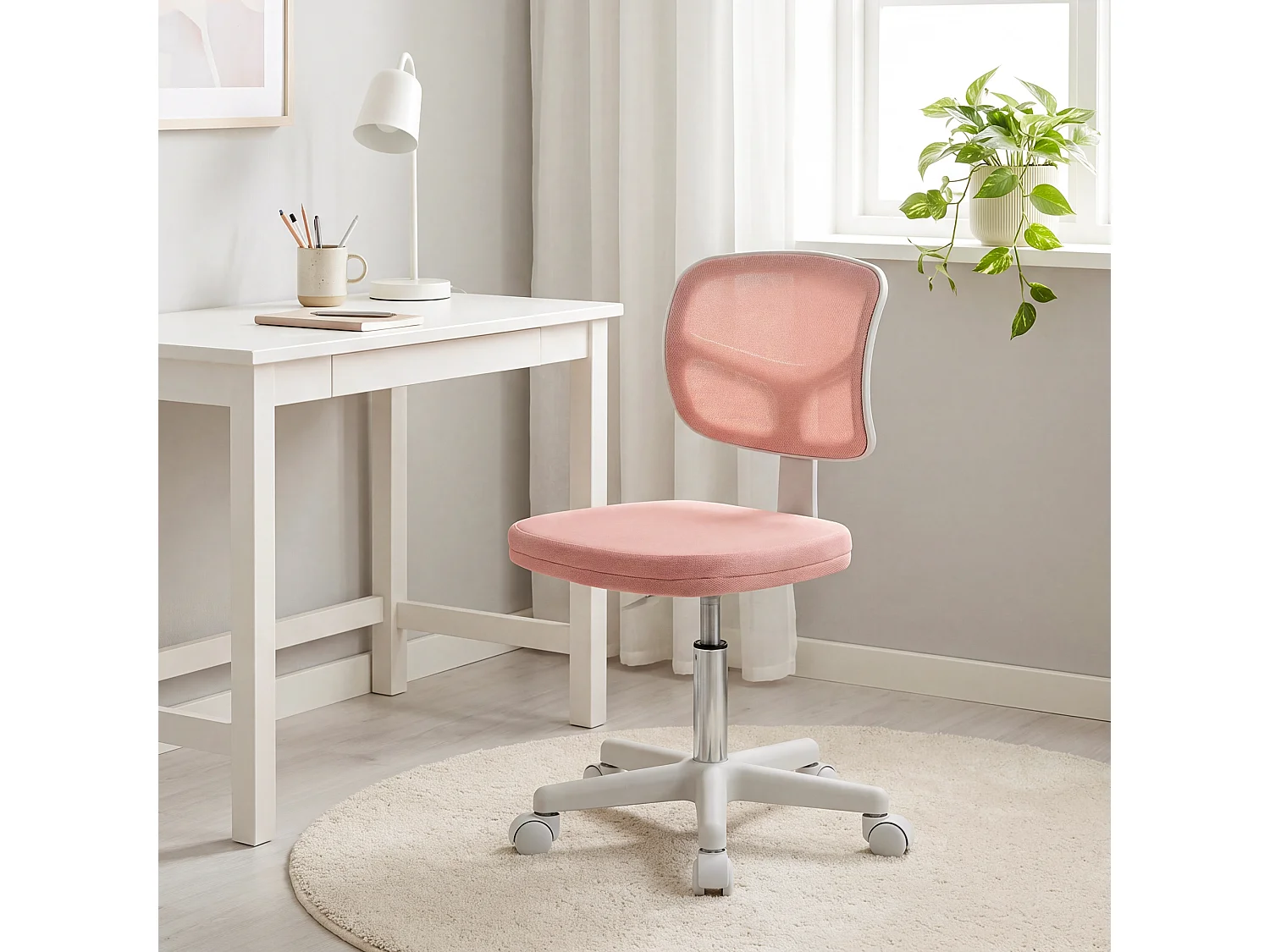 Chaise de bureau ergonomique hauteur réglable dossier enveloppant maille rose
