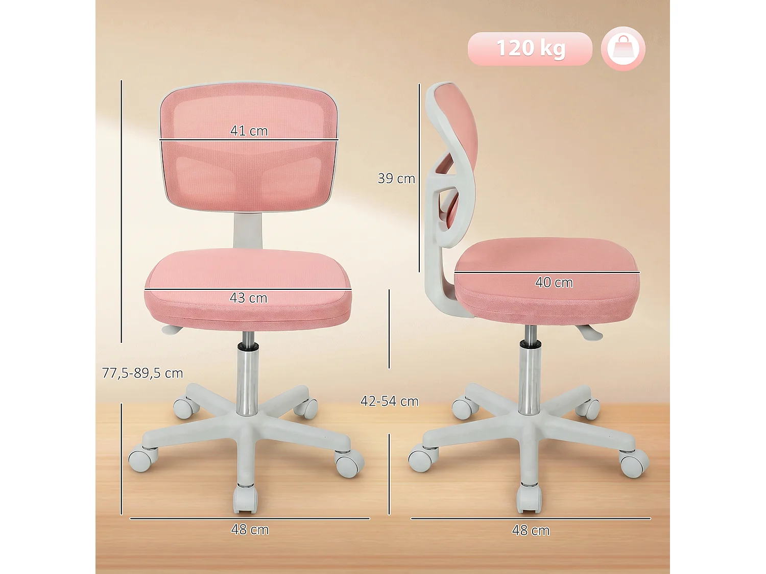 Chaise de bureau ergonomique hauteur réglable dossier enveloppant maille rose