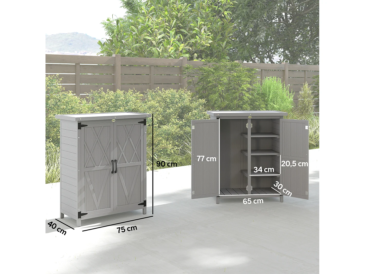 Armoire de jardin sur pied dim. 75 x 40 x 90 cm 2 portes 3 étagères toit tôle bois sapin gris
