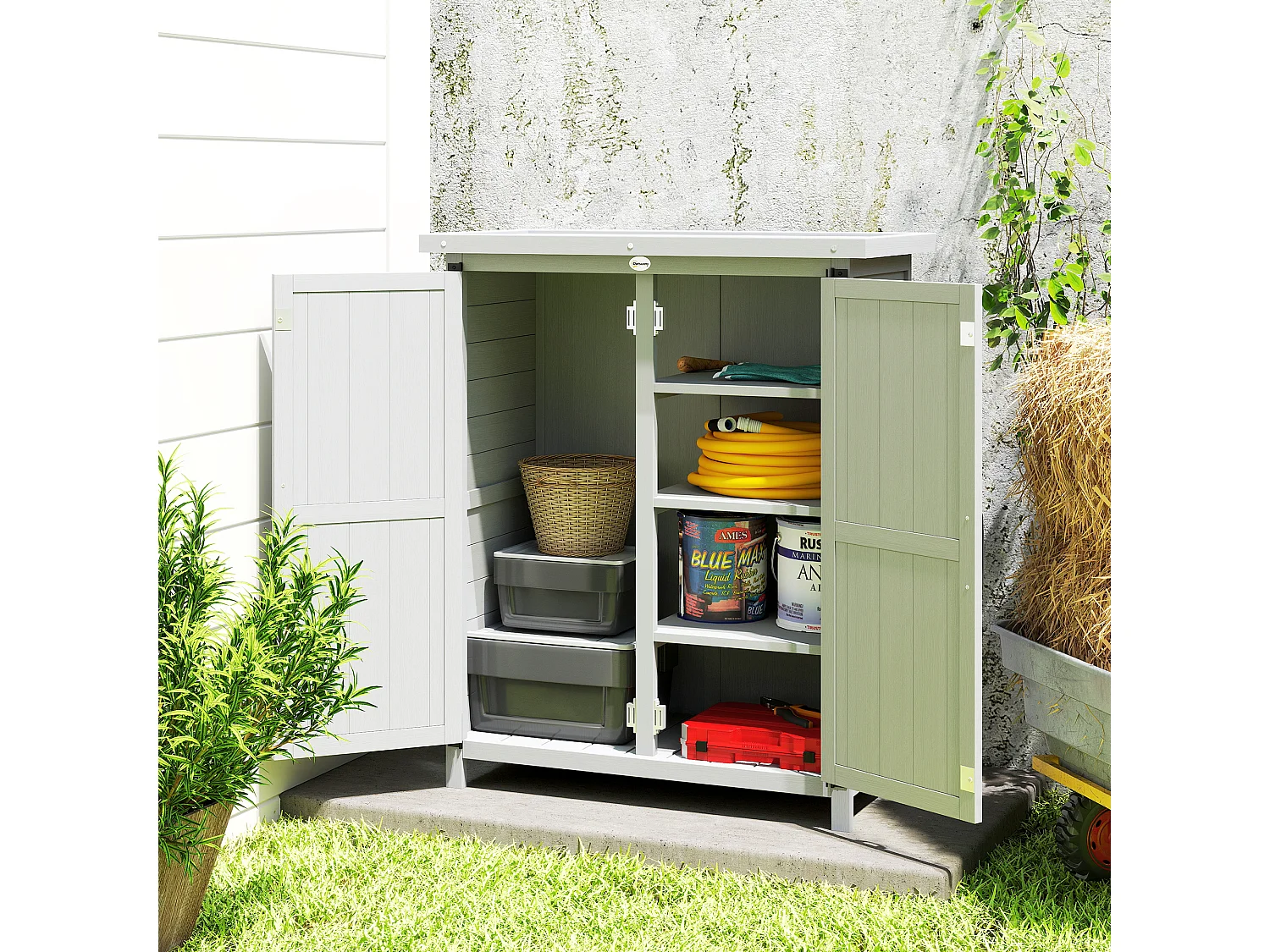 Armoire de jardin sur pied dim. 75 x 40 x 90 cm 2 portes 3 étagères toit tôle bois sapin gris