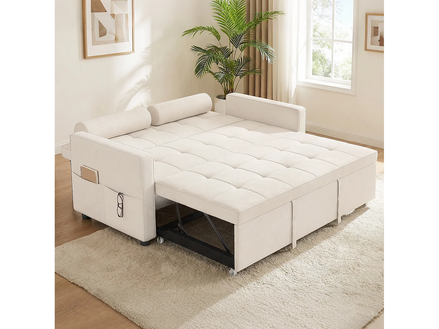 Canapé convertible 2 places style Chersterfield effet capitonné 2 coussins inclus tissu beige