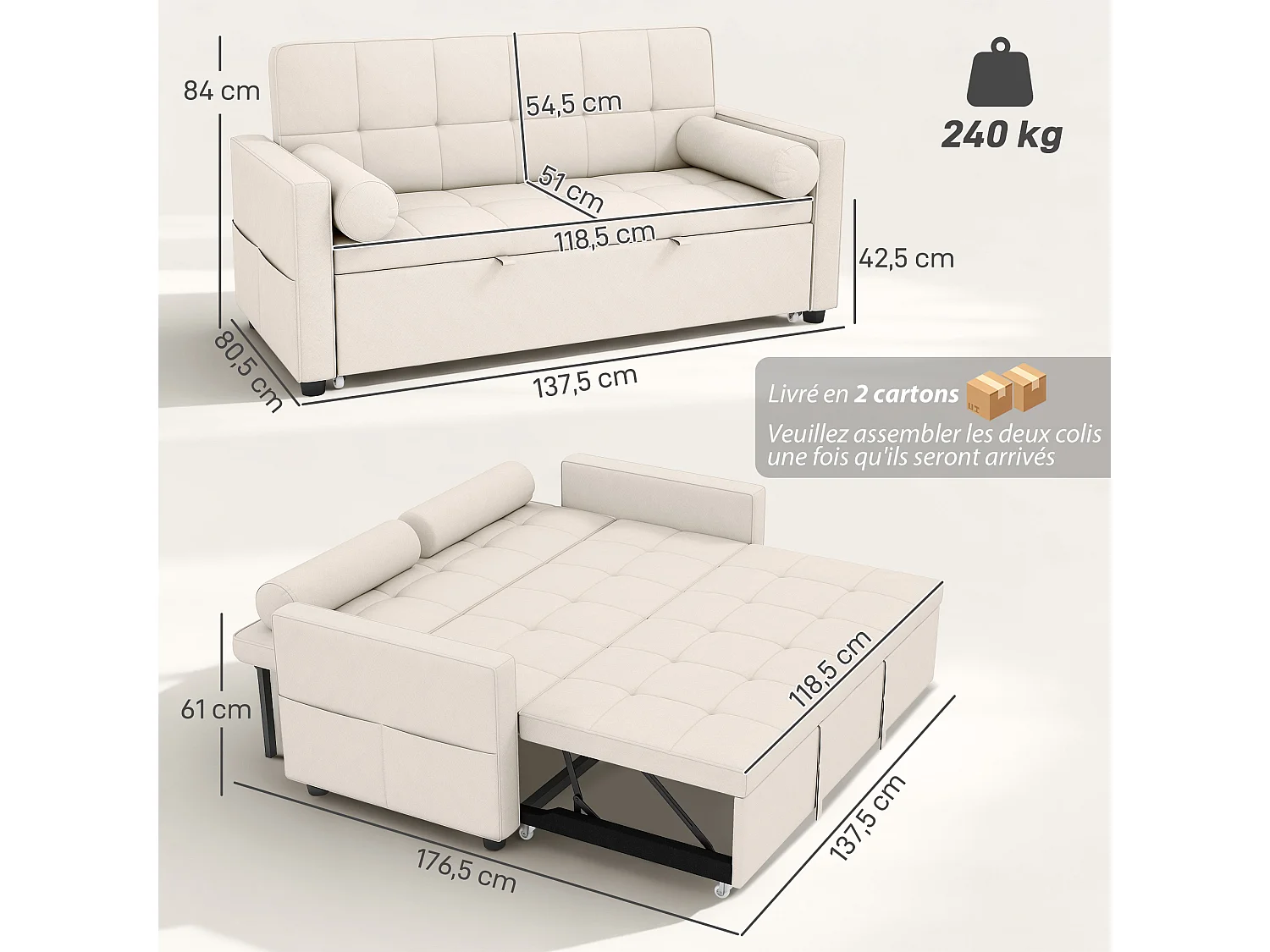Canapé convertible 2 places style Chersterfield effet capitonné 2 coussins inclus tissu beige