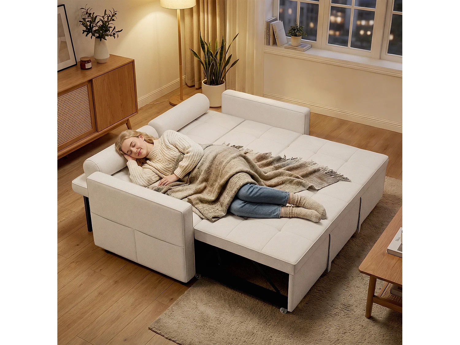 Canapé convertible 2 places style Chersterfield effet capitonné 2 coussins inclus tissu beige