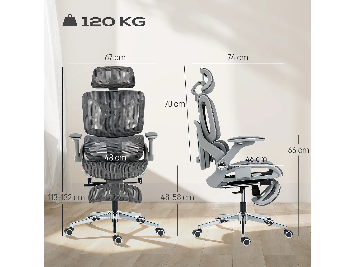 Chaise de bureau ergonomique inclinable réglable repose pieds maille résille gris