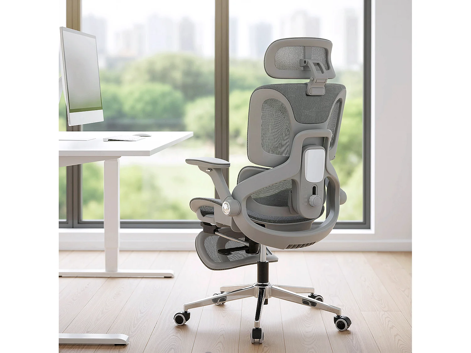Chaise de bureau ergonomique inclinable réglable repose pieds maille résille gris