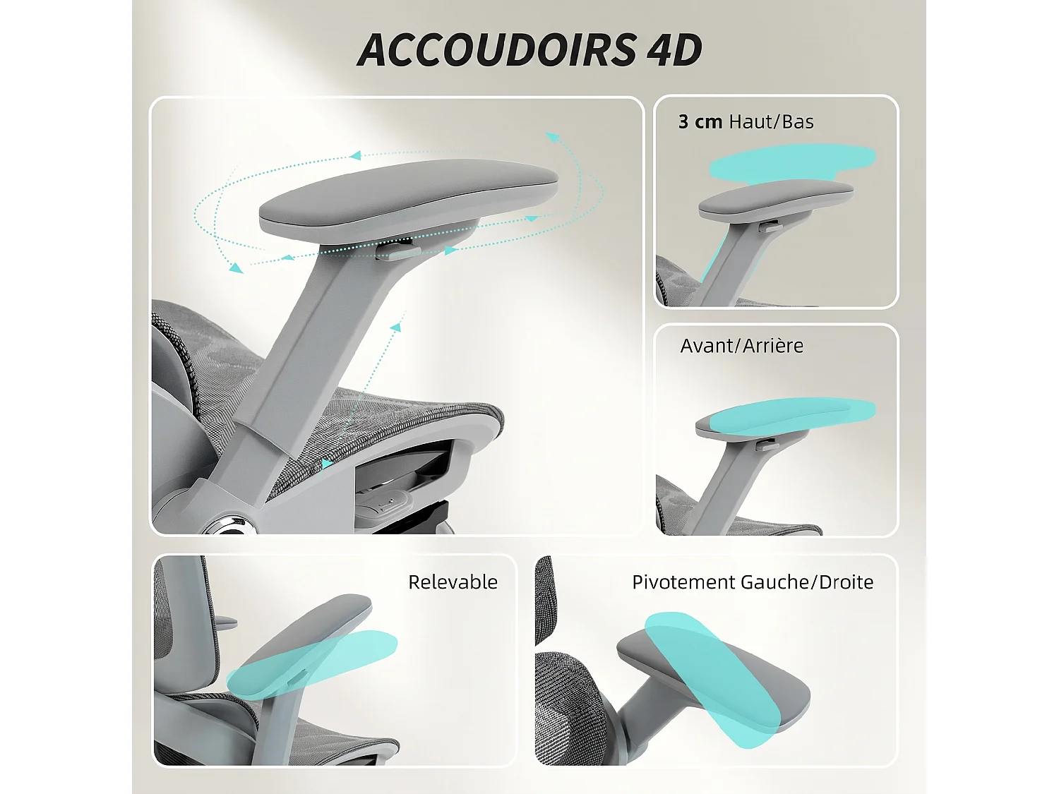 Chaise de bureau ergonomique inclinable réglable repose pieds maille résille gris