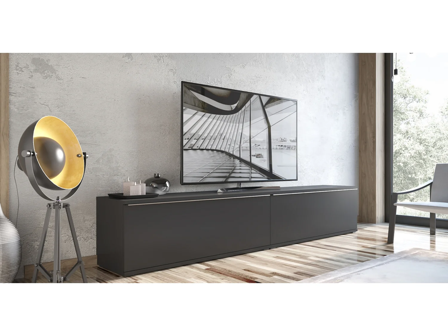 Meuble TV Nisa 127,5x45x40cm - étagère ouverte 4 tablettes - pour salon - basalte