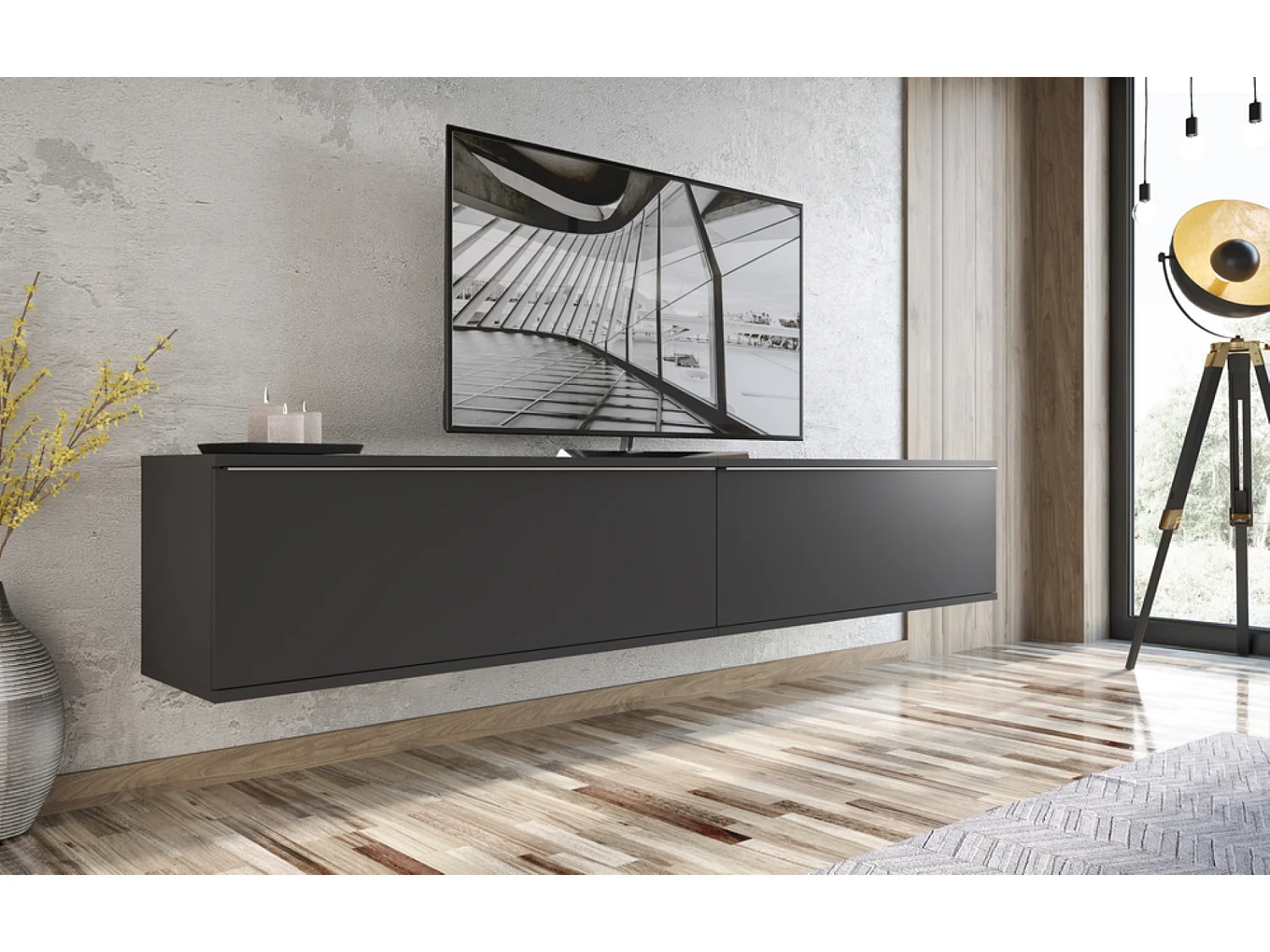 Meuble TV Nisa 127,5x45x40cm - étagère ouverte 4 tablettes - pour salon - basalte