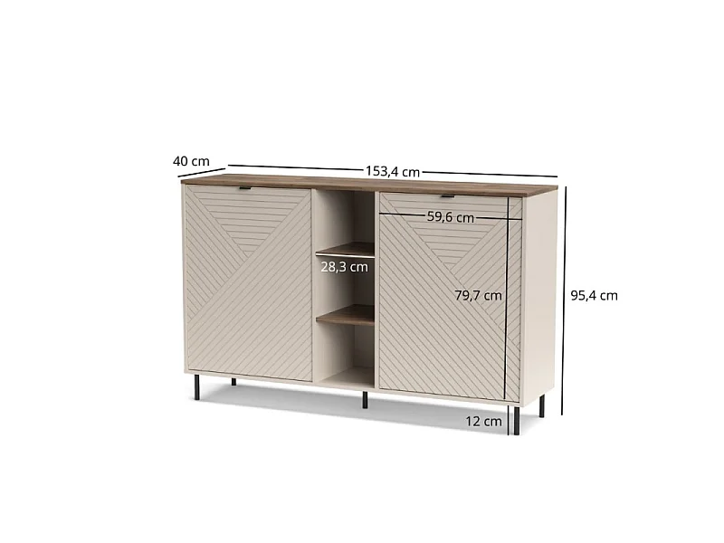 Commode Evo 153x95x40cm - étagères et niches ouvertes - salon - cachemire/chêne castello