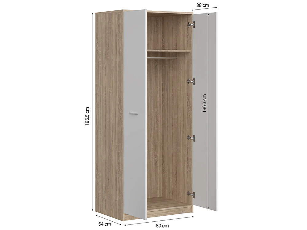 Szafa Nubo 80x197x54cm - 2 drzwi 1 półka wieszak - do sypialni - dąb sonoma/biały