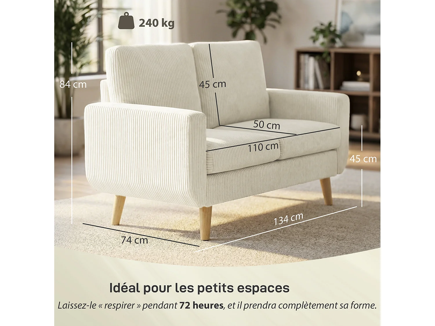 Canapé 2 places style scandinave velours côtelé crème