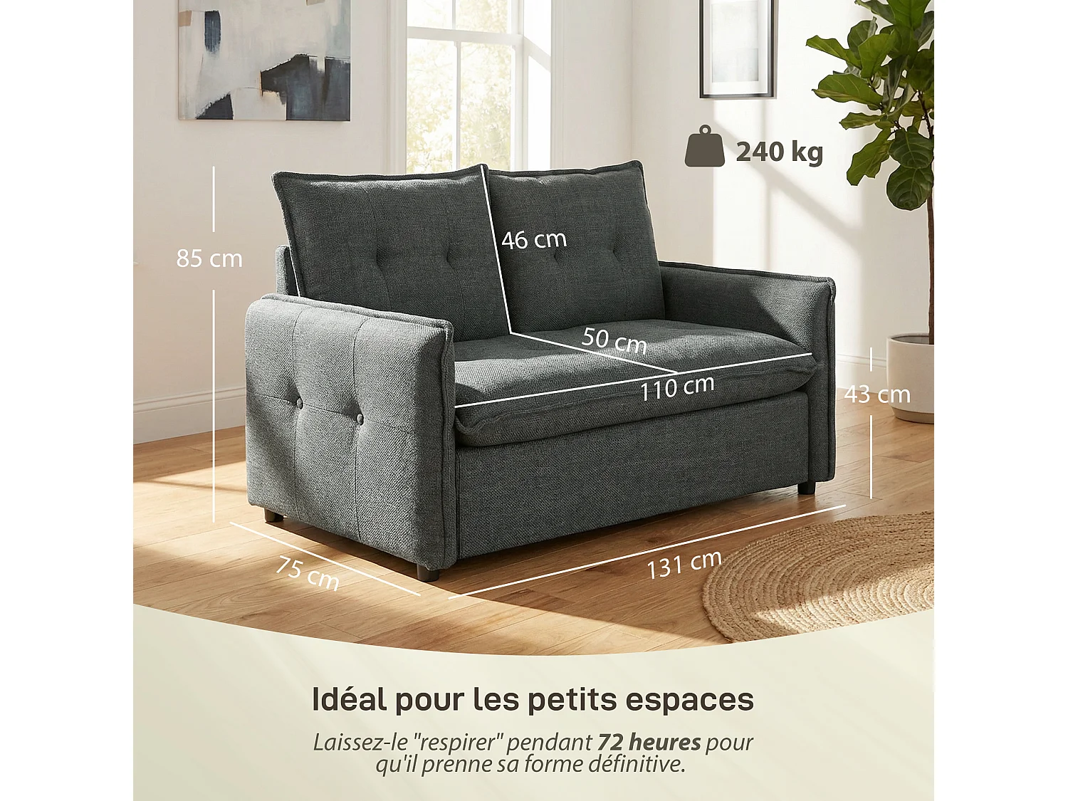 Canapé 2 places compact 131 cm effet capitonné polyester coton anthracite