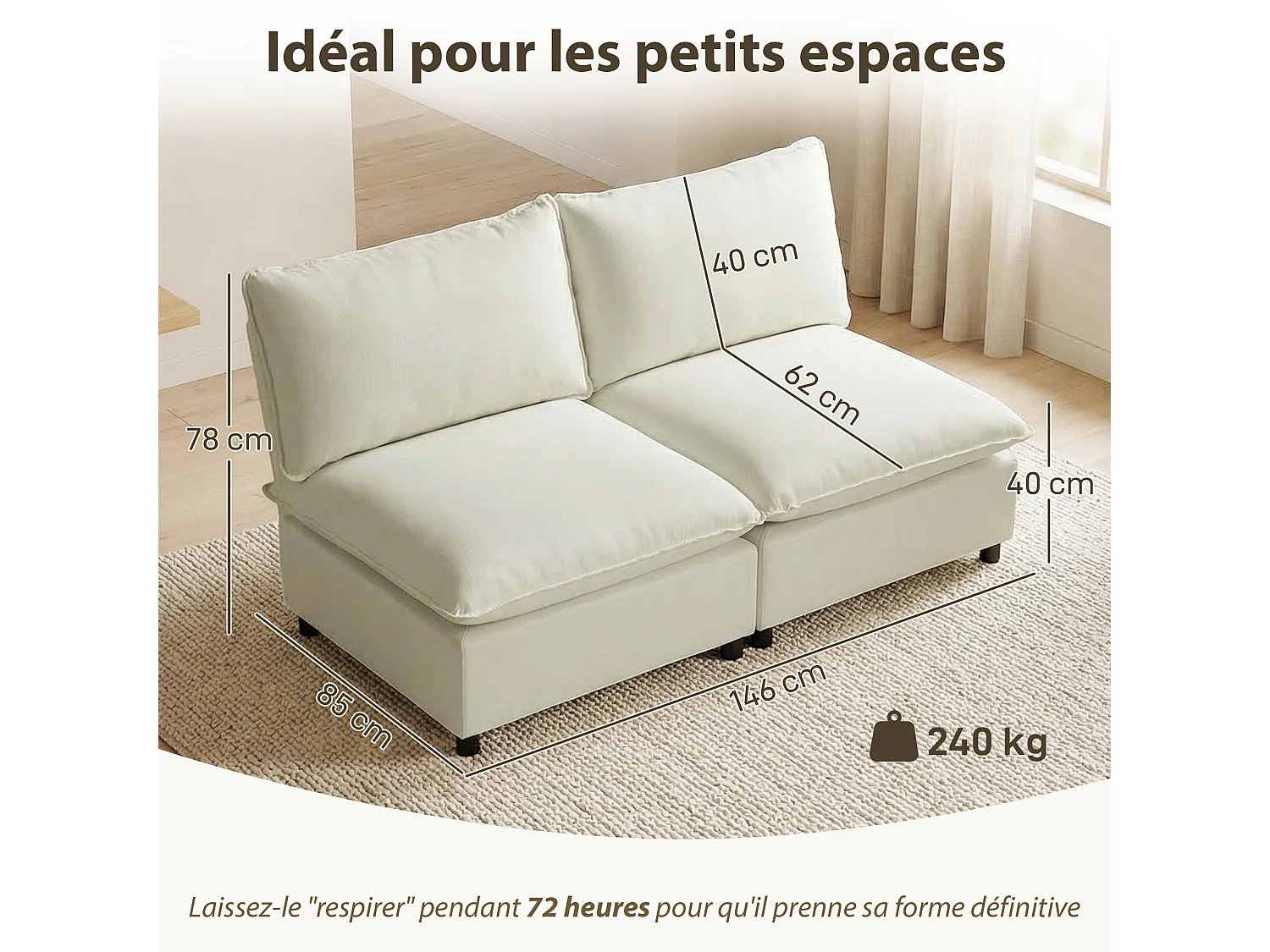 Canapé 2 places modulable 146 cm grand confort tissu crème
