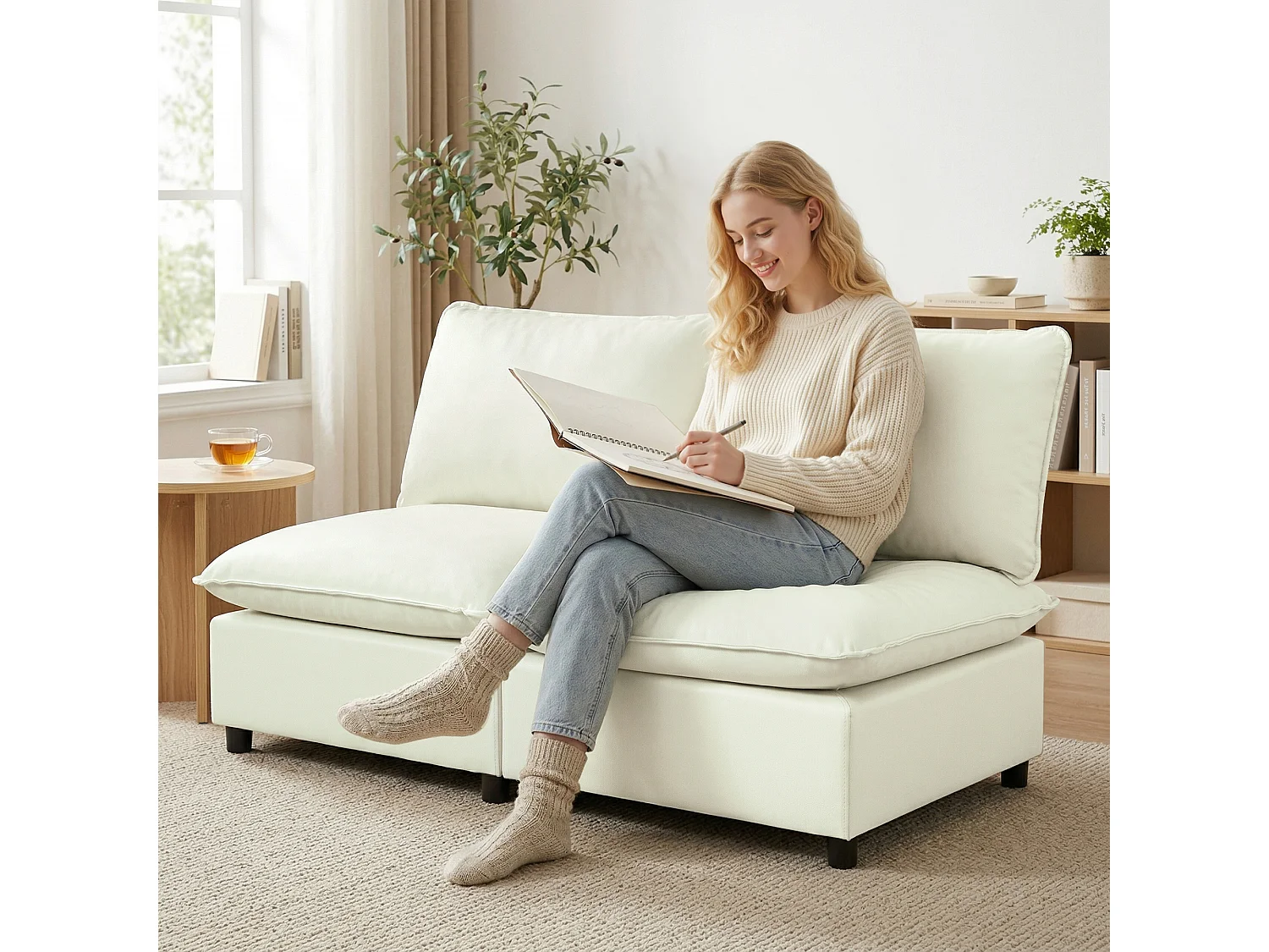 Canapé 2 places modulable 146 cm grand confort tissu crème