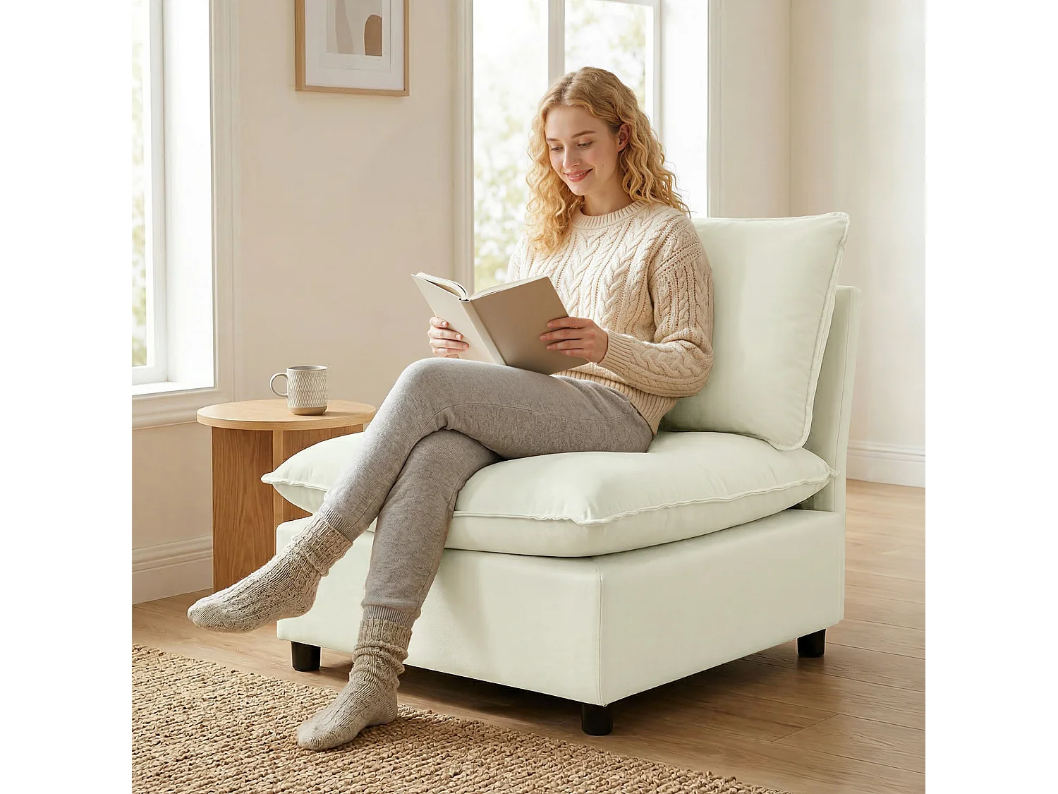Fauteuil une place modulable 74 cm grand confort tissu crème