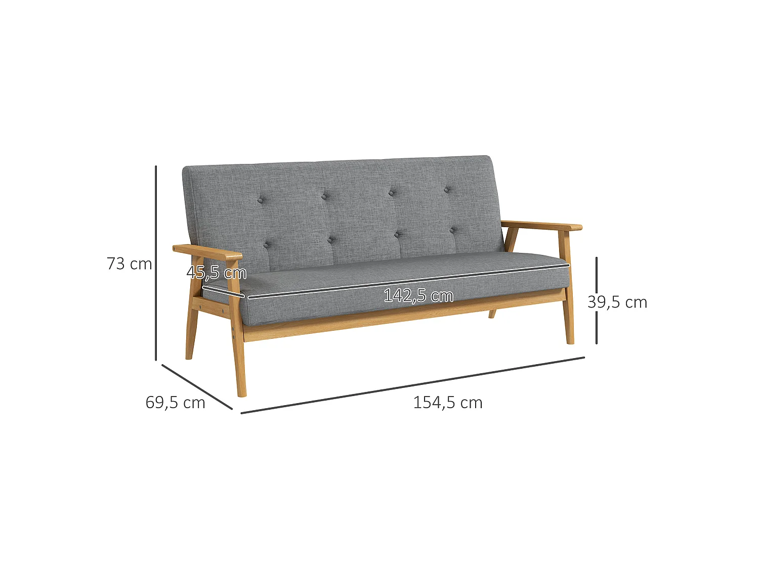 Canapé 3 places style scandinave bois tissu gris